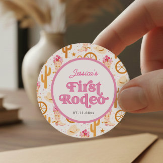 Sticker Rond Première Cowgirl de Rodéo Rose Fête d'anniversaire
