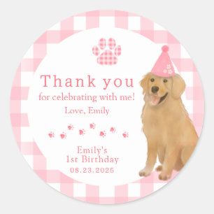 Sticker Rond Première fête d'anniversaire rose Golden Retriever