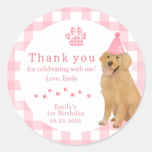 Sticker Rond Première fête d'anniversaire rose Golden Retriever (Devant)