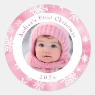 Sticker Rond Première photo de Noël du bébé de flocon de neige