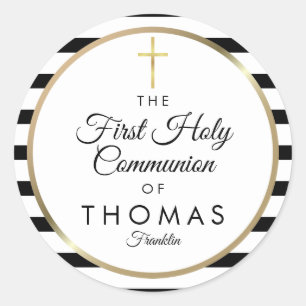 Sticker Rond Première Sainte Communion croix dorée rayée