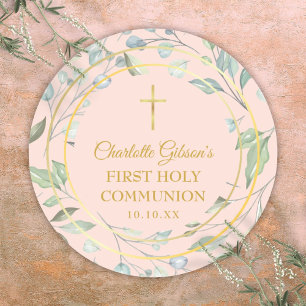 Sticker Rond Première Sainte Communion de couleur rose poudré a