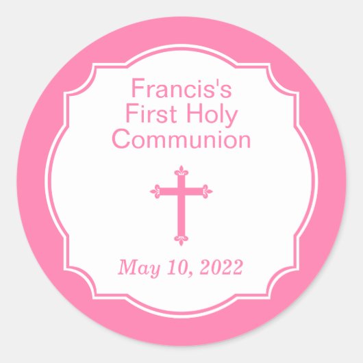 Sticker Rond Première sainte communion de fille de Croix rose (Devant)