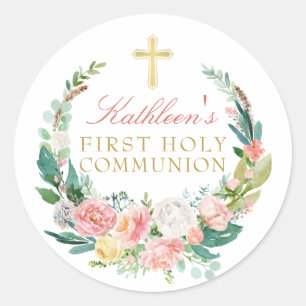 Sticker Rond Première sainte communion de germe rose