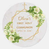 Sticker Rond Première Sainte Communion Fleurs Lys Dorés Marbre (Devant)