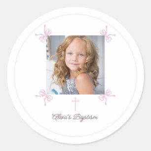 Sticker Rond Première Sainte Communion ruban rose et blanc