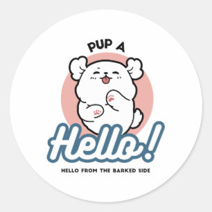 Sticker Rond Prends un bonjour ! - Joyeux dessin de chien blanc