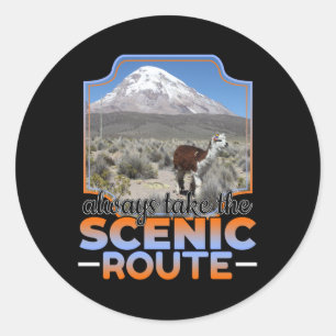 Sticker Rond Prenez la route Pittoresque - Llama Adventurer