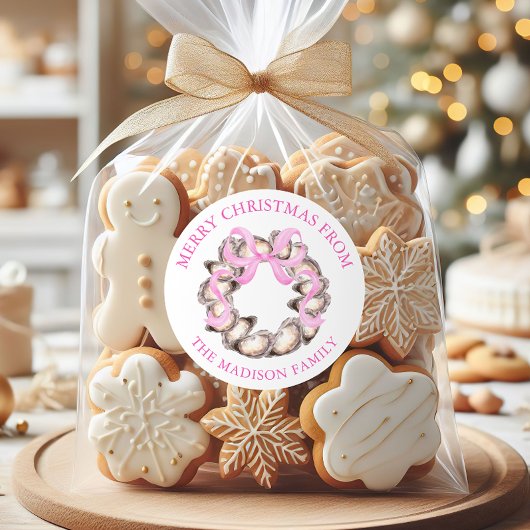 Sticker Rond Preppal Coastal Oyster Bow Wreath Christmas Adress