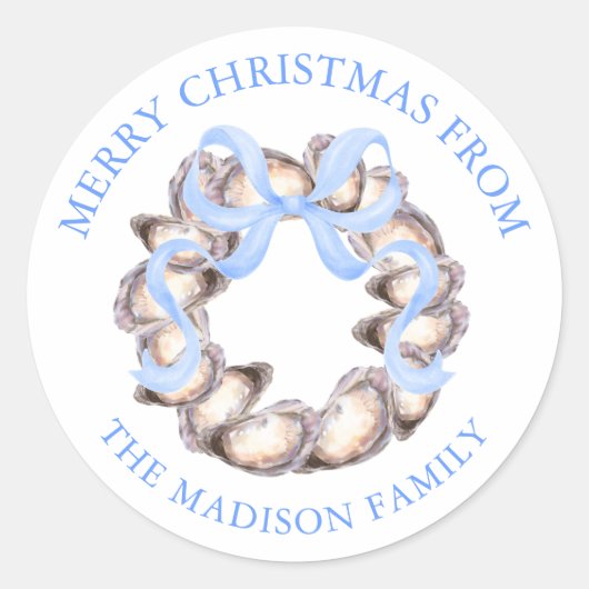 Sticker Rond Preppal Coastal Oyster Bow Wreath Christmas Adress (Devant)