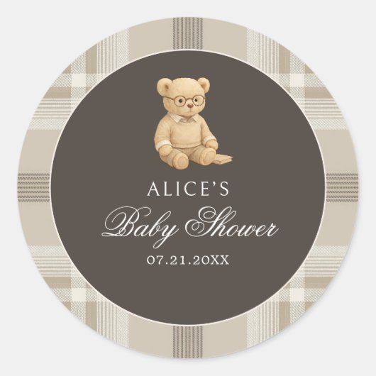 Sticker Rond Preppy Bear Soft Neutral Baby shower (Devant)
