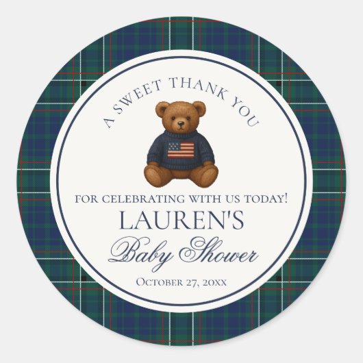 Sticker Rond Preppy Bear Tartan Plaid Boy Baby Shower Circle (Devant)
