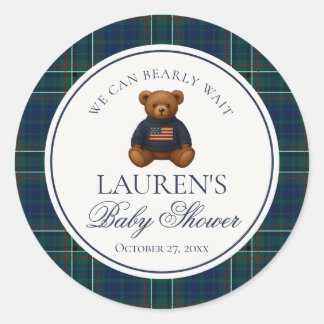 Sticker Rond Preppy Bear Tartan Plaid Boy Baby Shower Envelope 