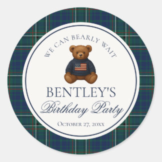 Sticker Rond Preppy Bear Tartan Plaid Boy Birthday Envelope 