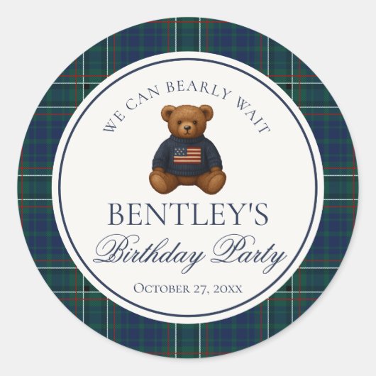 Sticker Rond Preppy Bear Tartan Plaid Boy Birthday Envelope (Devant)