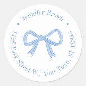 Sticker Rond Preppy Blue Bow Baby shower Adresse de retour (Devant)