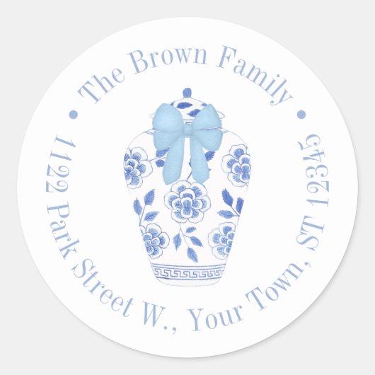 Sticker Rond Preppy Blue Bow Ginger Jar Adresse de retour (Devant)