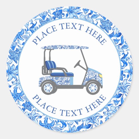Sticker Rond Preppy Blue & White Flowers Golf Cart (Devant)
