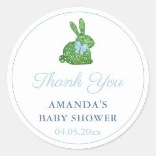 Sticker Rond Preppy Boxwood Bunny Blue Bow Baby shower Favorise