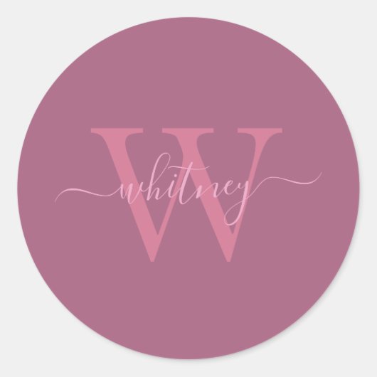 Sticker Rond Preppy Chic Rose Nom Monogrammé + Initiale (Devant)