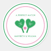 Sticker Rond Preppy Green and Pink Wedding Pickleball (Devant)