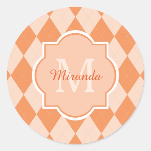 Sticker Rond Preppy Orange Jacquard Girly Monogramme et nom (Devant)