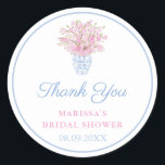 Sticker Rond Preppy Pale Blue Blush Chinoiserie Wedding shower<br><div class="desc">autocollants de Merci pour tout événement (illustrés ici pour une Fête des mariées mais tous les champs de texte sont personnalisables). Le design comprend un vase en pot de gingembre aquarelle rempli de tiges de fleurs de cerisier rose. Ces éléments d'aquarelle étaient à l'origine peints à la main par moi....</div>