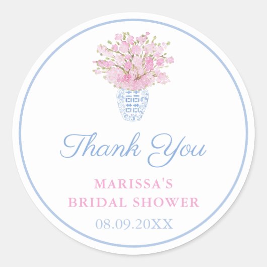 Sticker Rond Preppy Pale Blue Blush Chinoiserie Wedding shower (Devant)
