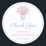 Sticker Rond Preppy Pale Blue Blush Chinoiserie Wedding shower<br><div class="desc">autocollants de Merci pour tout événement (illustrés ici pour une Fête des mariées mais tous les champs de texte sont personnalisables). Le design comprend un vase en pot de gingembre aquarelle rempli de tiges de fleurs de cerisier rose. Ces éléments d'aquarelle étaient à l'origine peints à la main par moi....</div>
