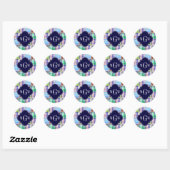 Sticker Rond Preppy Patchwork Madras Navy Quatrefoil Monogramme (Feuille)