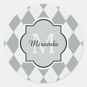 Sticker Rond Preppy Soft Grey Jacquard Girly Monogramme et nom