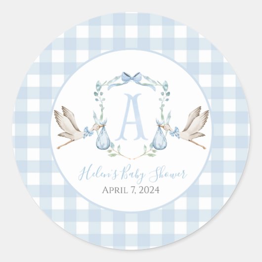 Sticker Rond Préppy Southern Blue Boy Stork Baby shower (Devant)