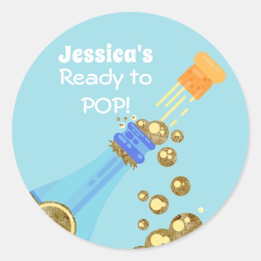 Sticker Rond Prêt à pop Champagne Baby Blue Douche Favoriser (Devant)