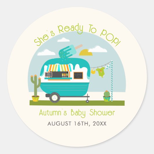 Sticker Rond Prêt À Pop Ice Pop Camper Baby shower Bleu Camper (Devant)