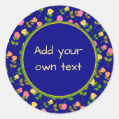 Sticker Rond Pretty Blue Rose Pattern Custom Text (Devant)
