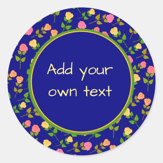Sticker Rond Pretty Blue Rose Pattern Custom Text (Devant)