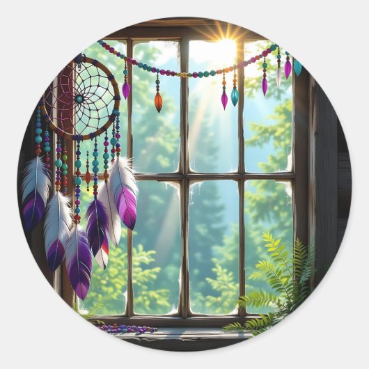 Sticker Rond Pretty Boho Purple Dreamcatcher in Window (Devant)