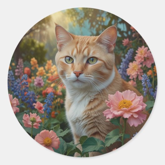 Sticker Rond Pretty white orange cat in floral garden (Devant)