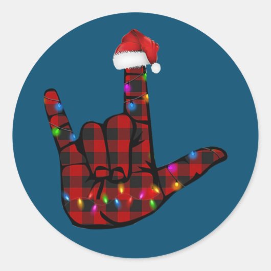 Sticker Rond Pride ASL Merry Christmas Sign Language Red Plaid (Devant)
