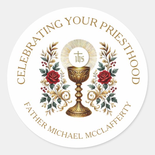 STICKER ROND PRIESTHOOD CHALICE HOST RED ROSES ORDINATION (Devant)