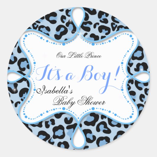 Sticker Rond Prince Baby shower Boy Blue Leopard (Devant)