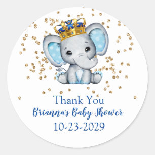 Sticker Rond Prince Bleu Royal Or Éléphant Garçon Baby Shower
