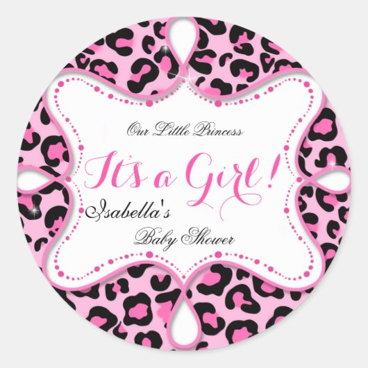 Sticker Rond Princesse Baby shower fille léopard rose (Devant)