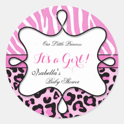 Sticker Rond Princesse Baby shower fille léopard rose Zebra (Devant)