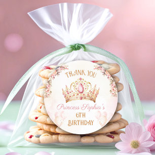 Sticker Rond Princesse Couronne rose florale Fille Anniversaire