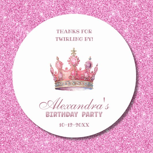 Sticker Rond Princesse Couronne rose Merci d'anniversaire