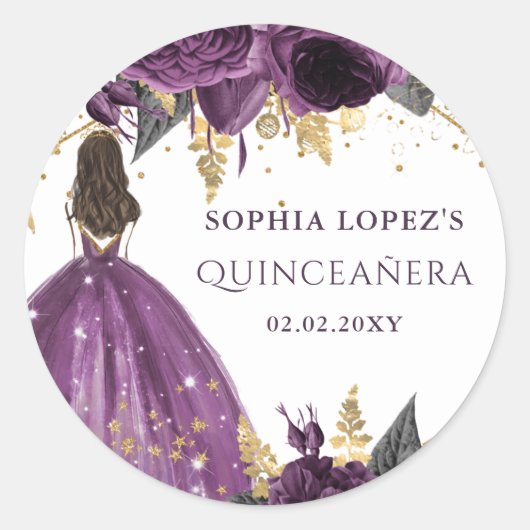 Sticker Rond Princesse Florale d'or violet Quinceanera (Devant)