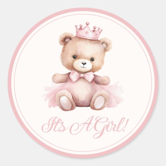 Sticker Rond Princesse rose ours Bébé Baby shower fille (Devant)