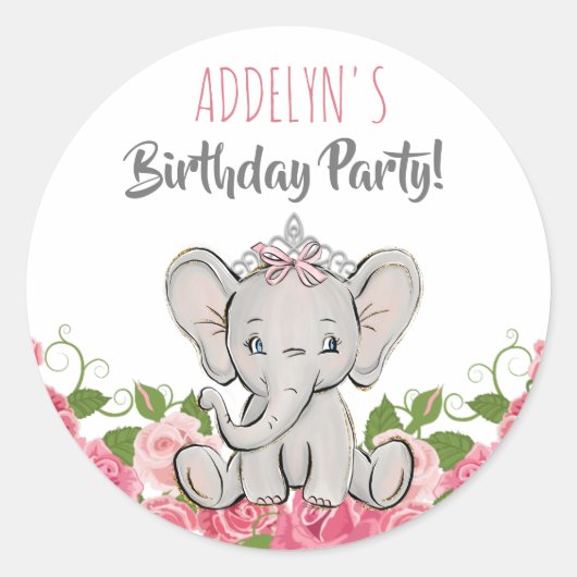 Sticker Rond Princesse Tiara Elephant Fleurs roses Anniversaire (Devant)