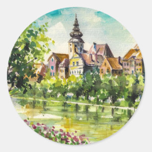 Sticker Rond Printemps dans petite ville sur la rivière